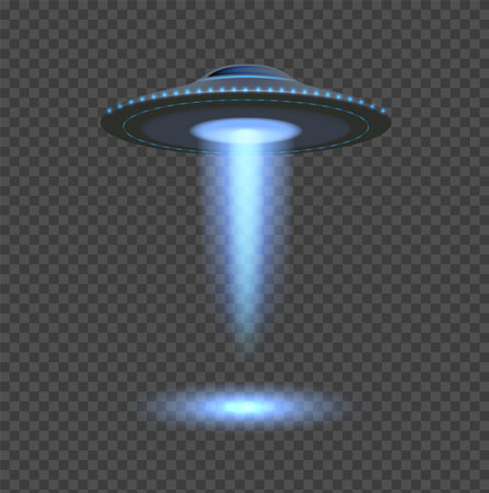 Blue ufo lights. Aliens spaceship spotlight, 3d space object isolated on transparent background. Flying rays, futuristic ship vector element. Illustration ufo spotlight, alien spaceshipのイラスト素材