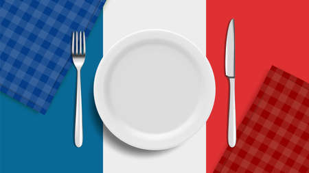 Realistic plate. French cuisine banner, blank white dish fork and knife. Flag of France, restaurant or cafe vector poster template. Illustration french cuisine, dinner dish, banner menu designのイラスト素材