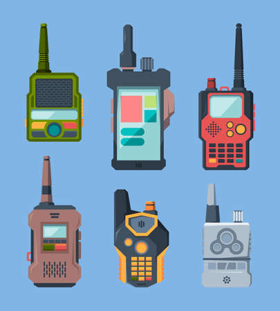 Radio devices. Talk military or police station transceiver garish vector set in cartoon style. Illustration portable walkie-talkie transceiverのイラスト素材