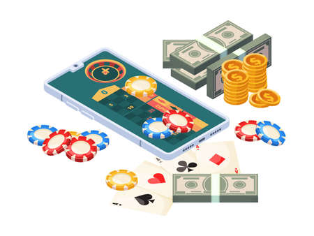 Online casino. Isometric concept mobile digital gambling money for winners smartphones garish vector illustrations. Casino online isometric, smartphone applicationのイラスト素材