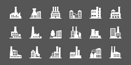 Industrial buildings. Hazzard factory manufacture icons collection power plant garish vector silhouettes. Illustration factory building manufacturing, construction industrial iconsのイラスト素材