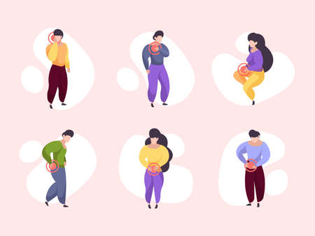 Pain characters. Bad damaged human body pain feelings area patients garish vector people. Body injury pain, abdominal and backache illustrationのイラスト素材
