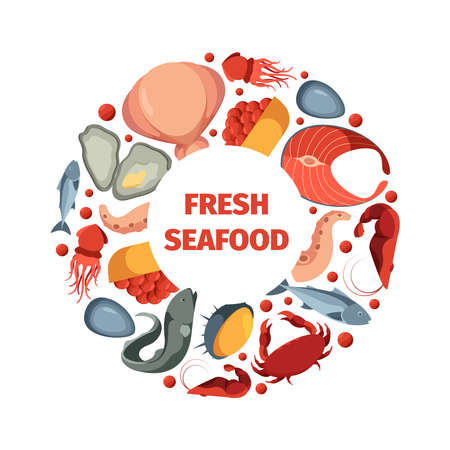 Circle shape from seafoods. Round design form template for restaurant menu with pictures of fresh ocean fishes squids oyster crab garish vector seafood. Sea food octopus and shellfish illustrationのイラスト素材