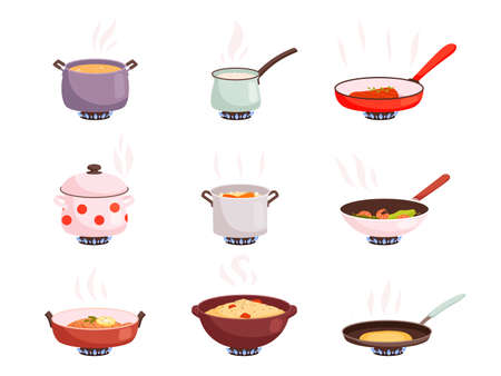 Cooking stove. Boiling processes kitchen utensils for well food on pan nowaday vector product preparing flat illustrations. Cooking in pan, boil and frying, dinner preparingのイラスト素材