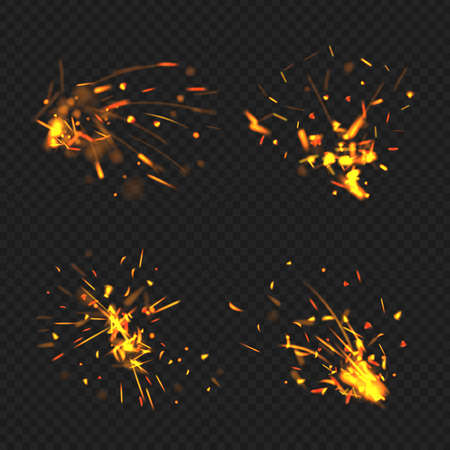 Realistic sparks. Fire effects flame little parts glowing particles decent vector bengal burning sparks collection. Spark fire, sparkle light glowing illustrationのイラスト素材