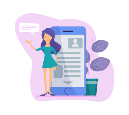 Distance learning. Young teacher character and smartphone. Woman greetings online app users. Remote education courses or webinars vector concept. Illustration online education, smartphone e-learningのイラスト素材