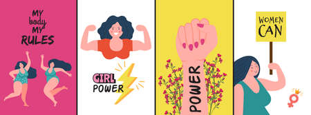 Women posters. Strong woman, girl power covers or cards. Female characters with positive slogan vector flyers set. Lettering phrase women banner illustration. Feminist activist sloganのイラスト素材