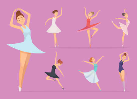 Ballet. Dancers girl ballerina woman happy beautiful girl in action poses vector illustrations. Ballet dancer or ballerina action danceのイラスト素材