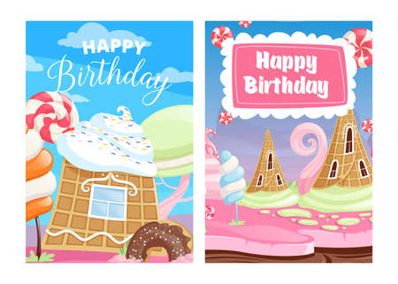 Happy birthday cards. Sweet candy, cake lollipops ice cream cartoon vector background. Card with candy lollipop, invitation birthday illustrationのイラスト素材