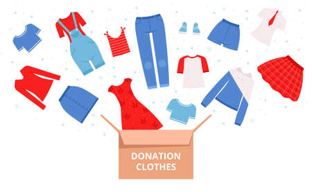 Donation clothes. Help urban needed clothes sweaters dresses pants for poor people nowaday vector illustrations in cartoon style. Charity and donation, help and giveのイラスト素材