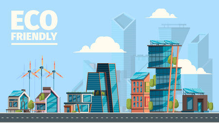 Eco city. Background with eco friendly constructions houses with smart sun panels energy windmills future concept garish vector illustrations flat. Eco friendly and engineering renewableのイラスト素材