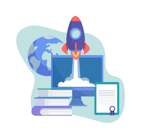Start up concept. Business project, rocket on screet flight up. Self education, investments in online company. Go to success vector concept. Illustration business start up idea, success innovationのイラスト素材