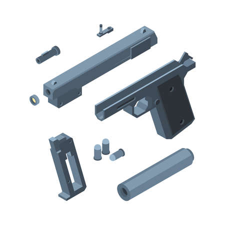 Guns parts. Weapons for war equipments for soldiers isometric garish vector illustrations. Equipment military firearm, handgun cartridgeのイラスト素材