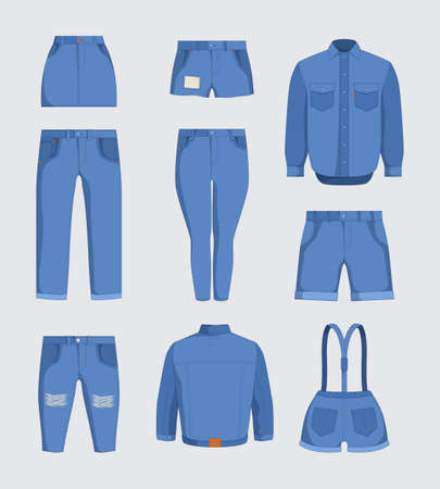 Jeans clothes. Denim fabric casual jackets and pants for male and female teenagers garment fashioned jeans garish vector illustration detailed flat pictures. Denim wear clothing, blue dress casualのイラスト素材