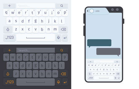 Smartphone keyboard. Numbers and letters for smartphone ui dark and white theme typing buttons garish vector templateのイラスト素材