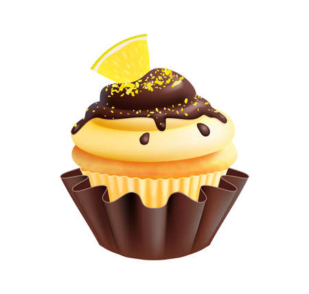 Lemon cake. Isolated realistic cupcake with lemons slice and choco glazed. Sweet white biscuit with chocolate cream vector illustrationのイラスト素材