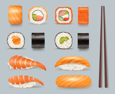 Sushi food. Delicious asian seaweed products from fish rolls with rice and soy sauce asian cousine chopsticks decent vector realistic pictures templateのイラスト素材