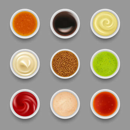 Set sauces. Liquid syrup in round bowls top view mustard tomato ketchup wasabi mayonnaise chili decent vector illustrations realistic setのイラスト素材