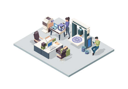 Engineers 3d printing. People designed use smart technology making 3d parts garish vector isometric interior with persons workersのイラスト素材