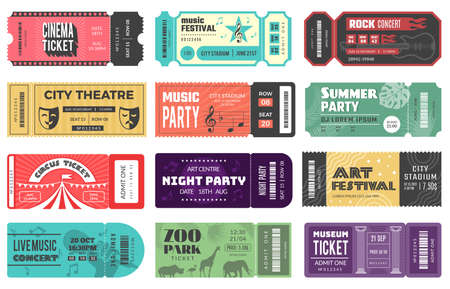 Entertainment tickets. Event cardboard labels cinema theatre kids playground music festival recent vector design tickets set isolatedのイラスト素材