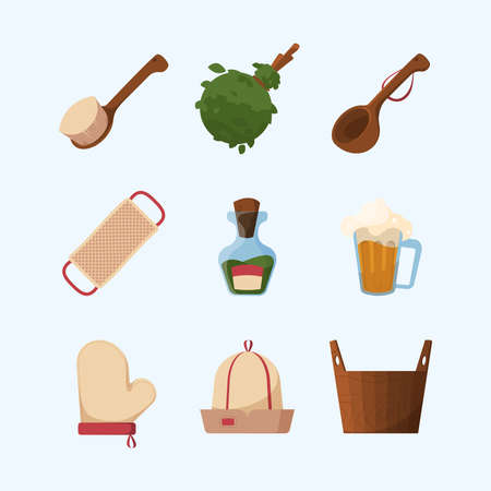 Sauna items. Spa relax tools for bathing baden bath wooden bucket towel garish vector flat pictures collectionのイラスト素材