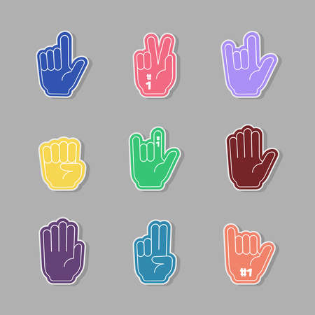 Fans gloves. Colored hands cheering sport fans thumbs up on stadium conference garish stylized vector flat pictures isolatedのイラスト素材