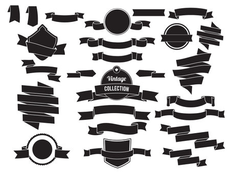 Vintage monochrome banners and ribbons. Decorative signs for advertising. Vector black empty badges isolate on white. Banner web ribbon illustrationのイラスト素材