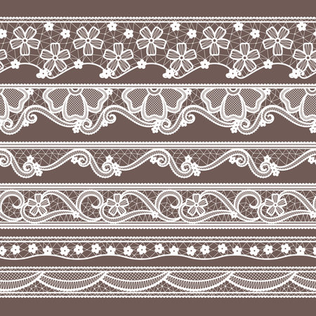 Set of six lace ribbons horizontal seamless patterns. Vector needlework illustrations. Lace pattern decoration textileのイラスト素材