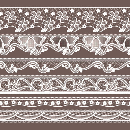 Set of six lace ribbons horizontal seamless patterns. Vector needlework illustrations. Lace pattern decoration textile