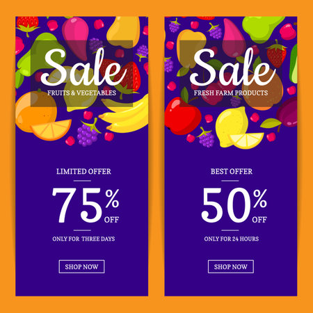 Vector flat fruits vegan shop or market sale flyer, banner templates. Bannes sale illustrationのイラスト素材
