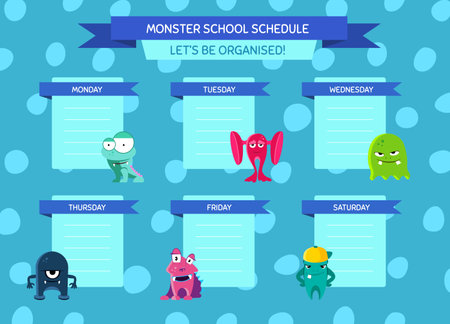 Vector school schedule with ribbons, cartoon monsters on circles background. Template chart school illustrationのイラスト素材