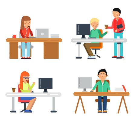 Freelancers male and female at computer workspace. Illustrations of coworkers in flat style. Vector freelancer in office coworkingのイラスト素材