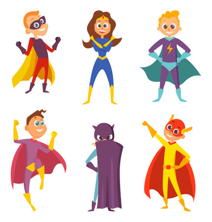 Funny childrens. Superheroes boys and girls in action poses. Cartoon characters set isolate on white. Superhero girl and boy in colored costume. Vector illustrationのイラスト素材
