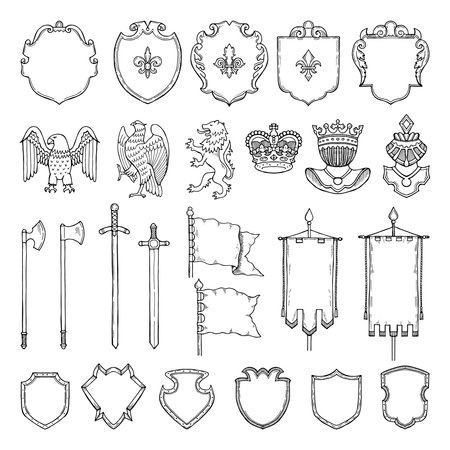 Medieval heraldic symbols isolate on white. Vector hand drawn illustrations. Medieval emblem royal crown and ancient swordのイラスト素材