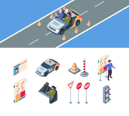 Drive school. Zone for drivers examination autopark barrier cones students learning rules of automobiles and signs garish vector isometric illustrations. School driver student, auto license examのイラスト素材