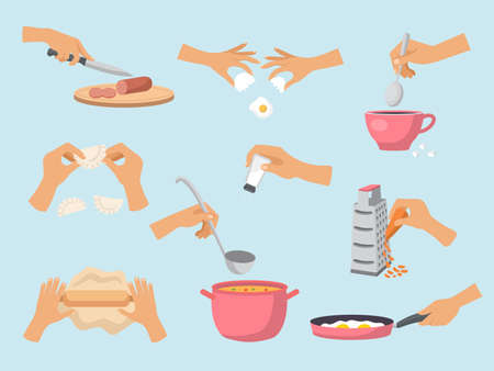 Preparing food. Cooking processes hands with kitchen utensils preparing products fish soup cakes salad recent vector cartoon illustrations set. Cooking recipe at kitchen, culinary preparingのイラスト素材