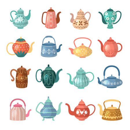 Kettle for hot drinks. Colored flat decorative kitchen ceramic pots recent vector illustrations set isolated. Kettle colored for kitchen, ceramic potのイラスト素材