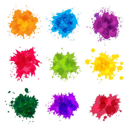Paint splashes. Colored backdrop abstract splatter graphics ink yellow blue green magenta recent vector collection splashes template. Splatter green and blue splash, stain artistic dirty illustrationのイラスト素材