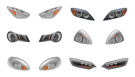 Headlights from cars. Glow automobile effects led lamp for vehicles decent vector realistic headlights car template collection. Glow light automobile led, car front lamp illustrationのイラスト素材