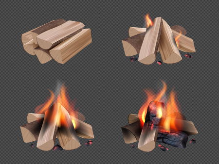 Campfire realistic. Burning flame in wooden camp fireplace bonfires with smoke travel symbols collection decent vector template isolated. Illustration realistic campfire, fire and bonfire hotのイラスト素材
