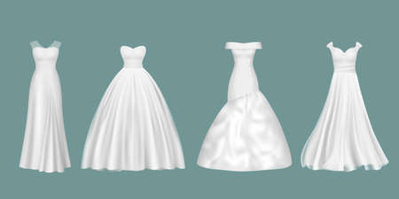 Wedding dresses. Elegant luxury women evening white color clothes for beauty brides decent vector realistic fashion dresses. Illustration wedding dress for bride, white bridal fashionのイラスト素材