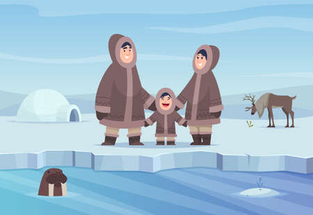 North pole background. Eskimo authentic people winter cold clothes happy characters exact vector cartoon landscape. Arctic north, eskimos people illustrationのイラスト素材