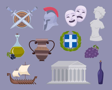 Greece collection. Traditional authentic cultural object of greece travelling symbols europe landmarks exact vector cartoon set isolated. Illustration traditional trendy antique, vase mediterraneanのイラスト素材
