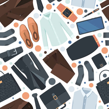 Clothes pattern. Textile design with different business clothes for male and female characters pants shirt shoes skirt garish vector seamless background. Pattern background, business clothing fashionのイラスト素材