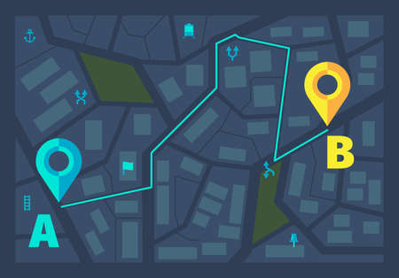 GPS ui dark theme. Gps city tracking maps route line with pin markers geography modern infographic for travellers garish vector template. Illustration gps navigation interface, street locationのイラスト素材