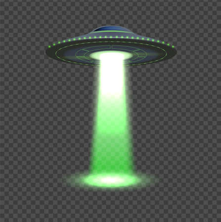 Aliens spaceship. UFO lights, 3d space object. Flying plate ship with rays, isolated fantasy invasion vector element. Spacecraft futuristic, spaceship saucer illustrationのイラスト素材