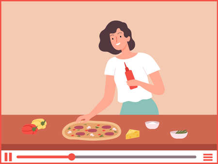Girl cook pizza. Culinary blogger, food preparation online tutorial. Happy woman chef, web bake school vector illustration. Cooking pizza food, girl at kitchen, culinary chefのイラスト素材