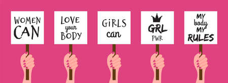Female hands holding placards. Woman power, feminist demonstration posters. Isolated hand with...