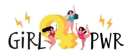 Three plump woman. Girl power, dancing female characters. Women feminists vector concept. Illustration girl power, plus size, female plump bodyのイラスト素材