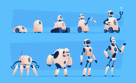 Smart technic evolution. Cyborg home chatbot android from steel exact vector flat characters isolated. Illustration mechanical robotic, automation robotのイラスト素材